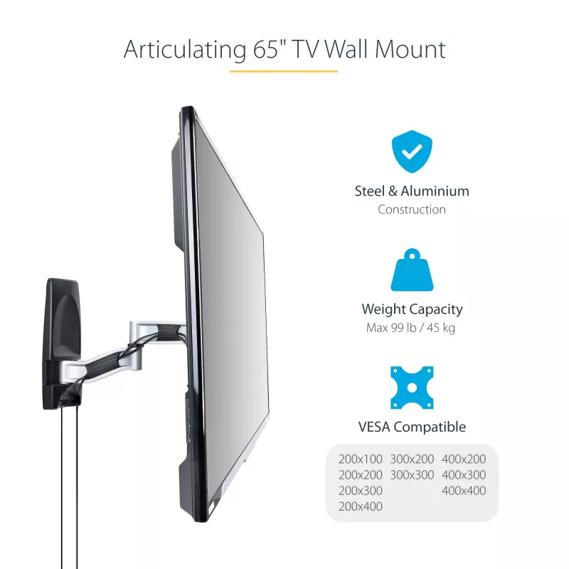 StarTech.com Gelenk-TV-Wandhalterung, VESA-Wandhalterung, unterstützt 26 bis 65 Zoll/99 lb/flache/gekrümmte Fernseher, ausziehbare flache Wandhalterung TV-Halterung, verstellbare Eck-TV-Wandhalterung