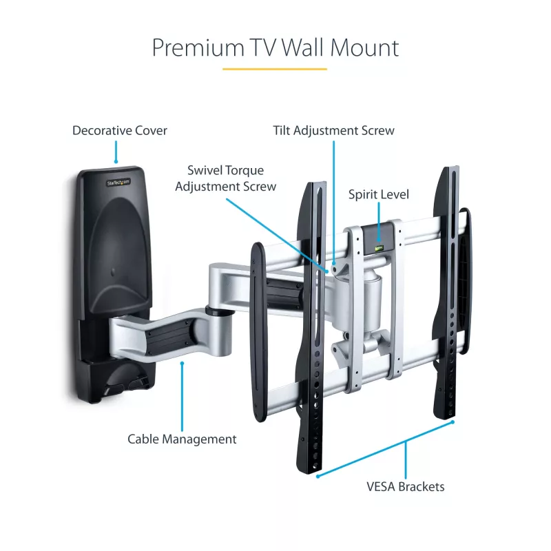 StarTech.com Gelenk-TV-Wandhalterung, VESA-Wandhalterung, unterstützt 26 bis 65 Zoll/99 lb/flache/gekrümmte Fernseher, ausziehbare flache Wandhalterung TV-Halterung, verstellbare Eck-TV-Wandhalterung