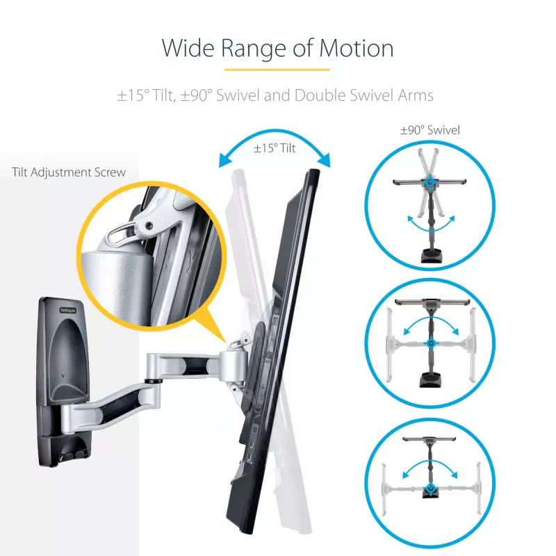 StarTech.com Gelenk-TV-Wandhalterung, VESA-Wandhalterung, unterstützt 26 bis 65 Zoll/99 lb/flache/gekrümmte Fernseher, ausziehbare flache Wandhalterung TV-Halterung, verstellbare Eck-TV-Wandhalterung