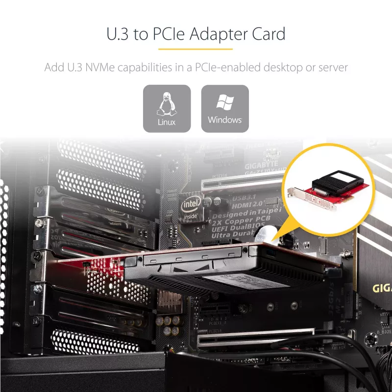 StarTech.com U.3-zu-PCIe-Adapterkarte, PCIe 4.0 x4-Adapter für 2,5-Zoll-U.3-NVMe-SSDs, SFF-TA-1001 PCI Express-Einsteckkarte für Desktops/Server, TAA-konform – betriebssystemunabhängig