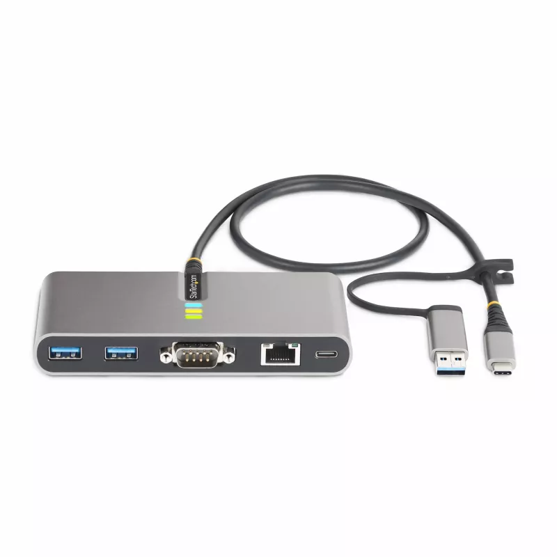 StarTech.com 2-Port USB-C Hub mit Ethernet und RS-232, angeschlossener USB-C-zu-USB-A-Dongle, 100 W PD-Durchschleifung, 2x USB-A 5 Gbit/s, Gigabit-Ethernet, RS232 Seriell (FTDI)