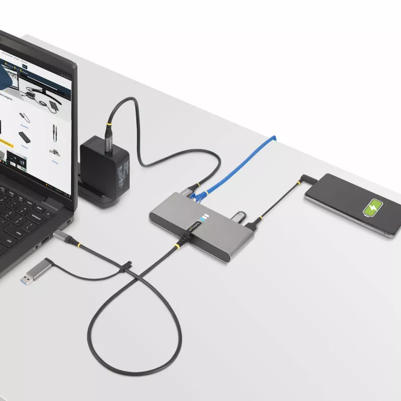 StarTech.com 2-Port USB-C Hub mit Ethernet und RS-232, angeschlossener USB-C-zu-USB-A-Dongle, 100 W PD-Durchschleifung, 2x USB-A 5 Gbit/s, Gigabit-Ethernet, RS232 Seriell (FTDI)