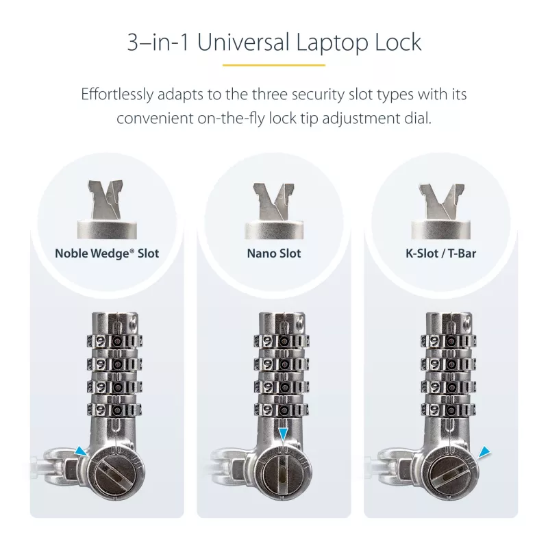 StarTech.com Universelles Laptopschloss 2 m, Sicherheitskabel für Notebooks kompatibel mit Noble Wedge®/Nano/K-Slot; schlüsselloses Zahlenschlosskabel, diebstahlsicheres schnittfestes Stahlkabel