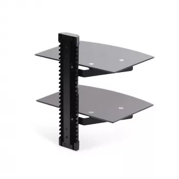 StarTech.com Dual-Floating-Wandregale für AV-Geräte, höhenverstellbares Regal für unter den Fernseher, Organisation von A/V-Geräten auf schwarzen Glasböden aus gehärtetem Glas