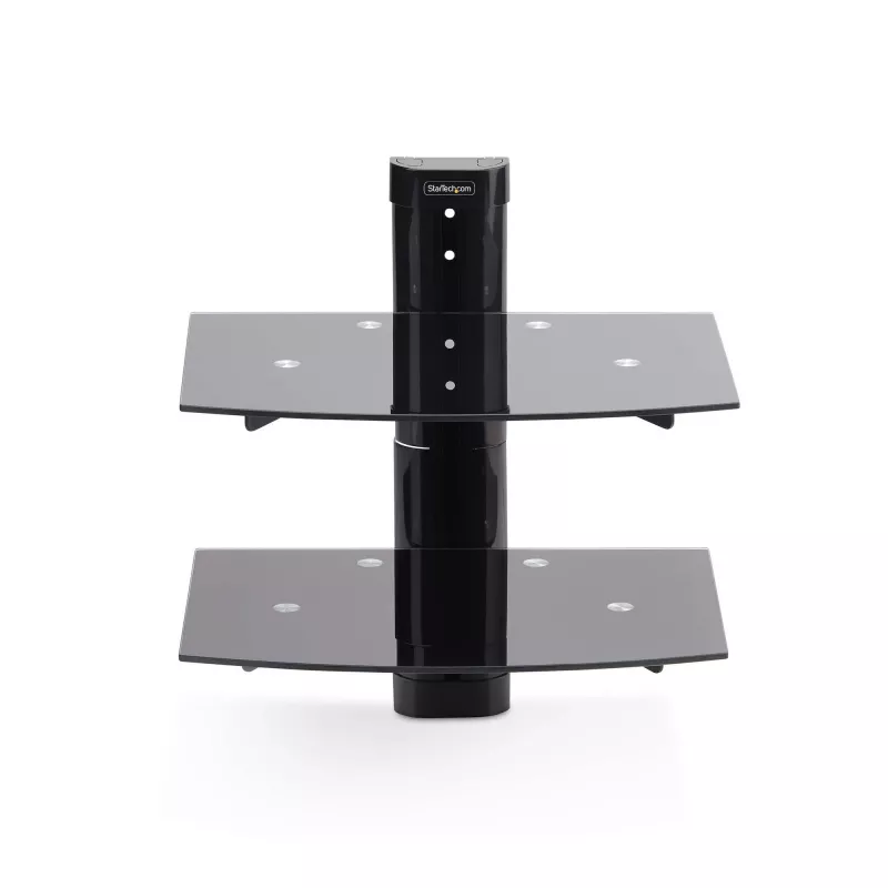 StarTech.com Dual-Floating-Wandregale für AV-Geräte, höhenverstellbares Regal für unter den Fernseher, Organisation von A/V-Geräten auf schwarzen Glasböden aus gehärtetem Glas