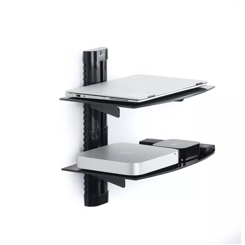 StarTech.com Dual-Floating-Wandregale für AV-Geräte, höhenverstellbares Regal für unter den Fernseher, Organisation von A/V-Geräten auf schwarzen Glasböden aus gehärtetem Glas