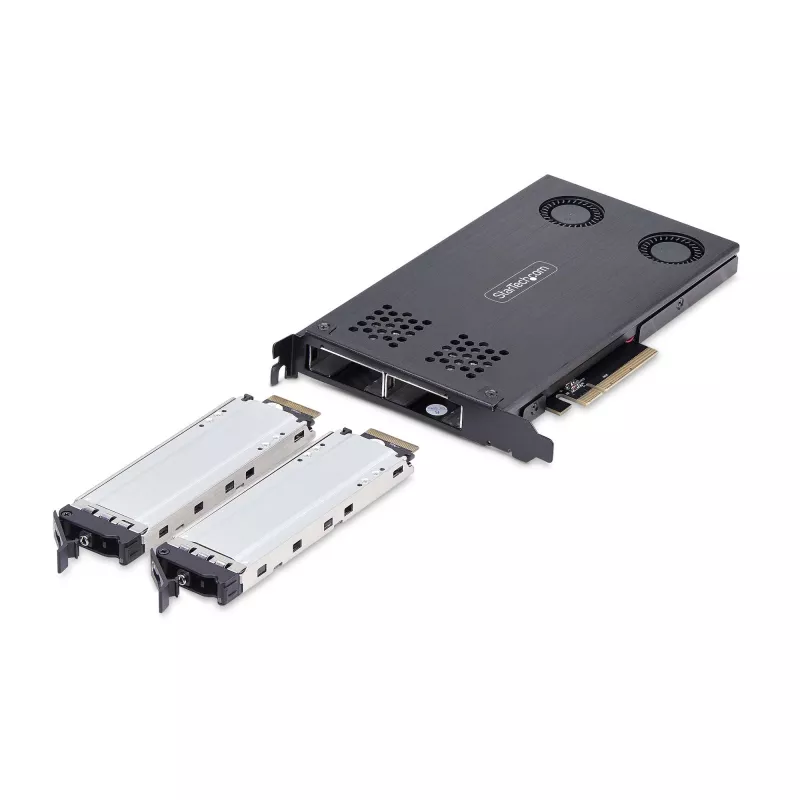 StarTech.com Dual-Bay M.2 NVMe SSD zu PCIe x8 Wechselrahmen; Bifurcation erforderlich; Werkzeuglose Installation, PCIe-Backplane mit zwei Hot-Swap-Laufwerksschächten