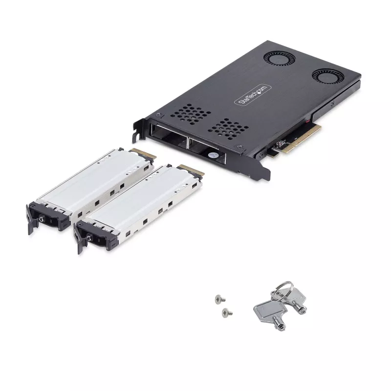 StarTech.com Dual-Bay M.2 NVMe SSD zu PCIe x8 Wechselrahmen; Bifurcation erforderlich; Werkzeuglose Installation, PCIe-Backplane mit zwei Hot-Swap-Laufwerksschächten