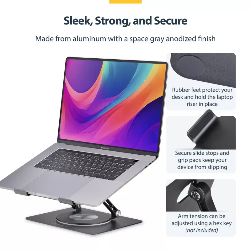 StarTech.com Drehbarer Laptop-Ständer, 360° schwenkbar, ergonomischer Schreibtisch-Riser für Computer, erhöhte Ablage mit verstellbarer Neigung, max. 5 kg, Aluminiumbauweise, tragbares Design