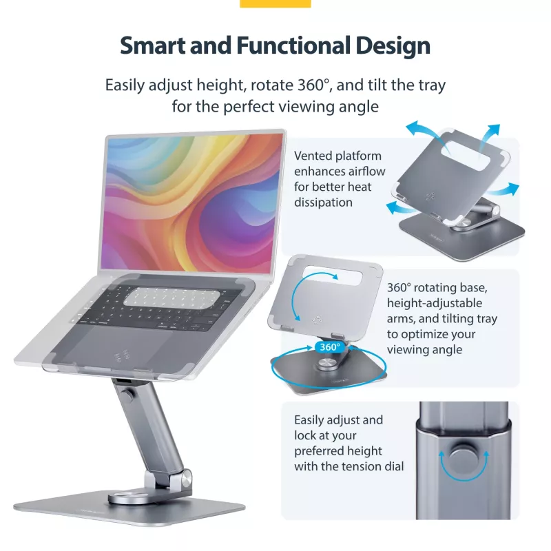 StarTech.com Teleskop-Laptopständer, 360°-Schwenkbasis, drehbarer Computer-Riser für den Schreibtisch, höhen- und neigungsverstellbar, max. 5 kg, Aluminium-Ausführung, tragbares Design
