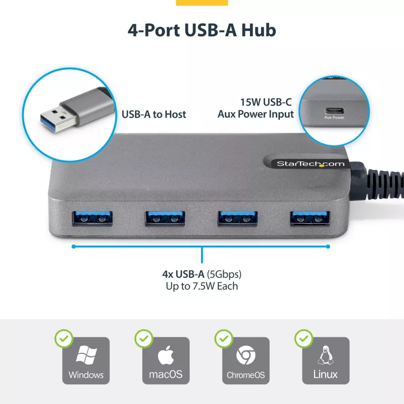 StarTech.com 4-Port USB-A-Hub, 5 Gbit/s, busgespeist, USB-A auf 4x USB-A-Hub mit USB-C-Hilfsstromeingang, 30 cm Hostkabel, tragbarer Desktop-/Laptop-USB-Hub