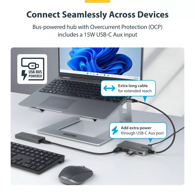 StarTech.com 4-Port USB-A-Hub, 5 Gbit/s, busgespeist, USB-A auf 4x USB-A-Hub mit USB-C-Hilfsstromeingang, 30 cm Hostkabel, tragbarer Desktop-/Laptop-USB-Hub