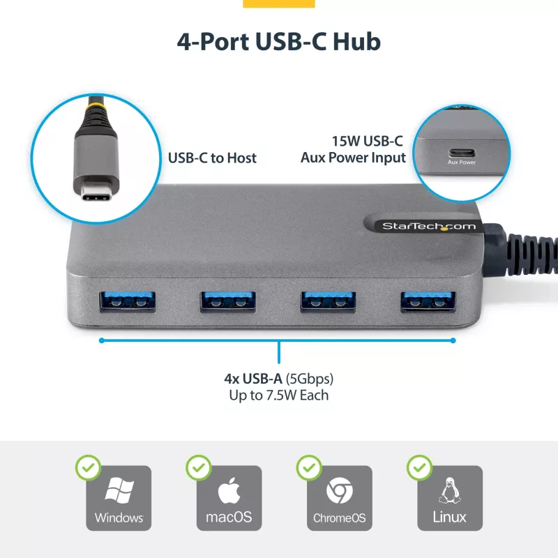 StarTech.com 4-Port USB-C Hub, 5 Gbit/s, busgespeist, USB-C auf 4x USB-A Hub mit USB-C Hilfstromeingang, 1ft/30cm Hostkabel, tragbarer Desktop-/Laptop-USB-Hub