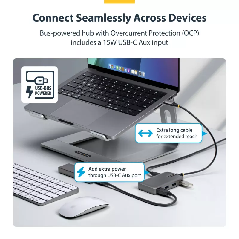 StarTech.com 4-Port USB-C Hub, 5 Gbit/s, busgespeist, USB-C auf 4x USB-A Hub mit USB-C Hilfstromeingang, 1ft/30cm Hostkabel, tragbarer Desktop-/Laptop-USB-Hub