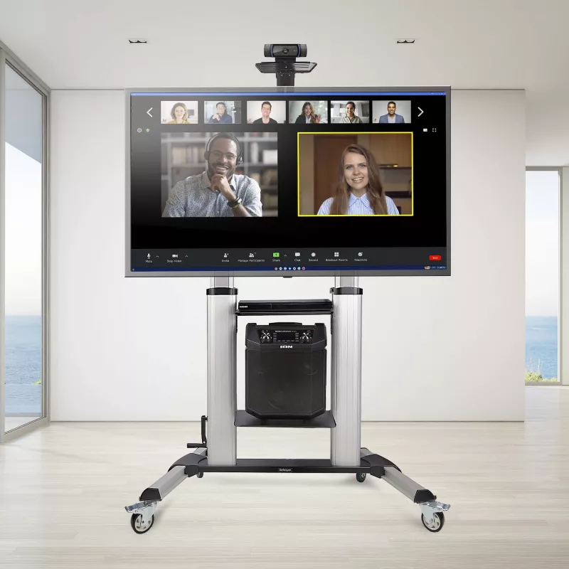 StarTech.com Rollbarer TV-Wagen/Stand auf Rädern für 60-100-Zoll-Flachbildschirme bis 100 kg, Höhenverstellung per Handkurbel, mobile/tragbare Trolley-Halterung