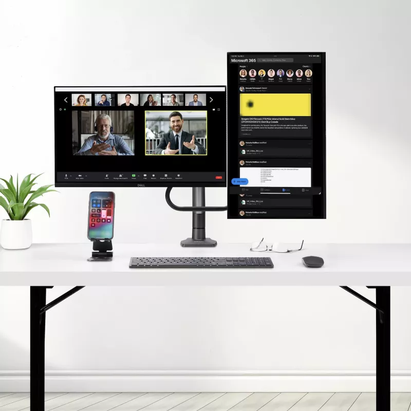 StarTech.com Schreibtischhalterung Dual-Monitorarm mit Querstange, bis zu 27-Zoll-Displays, VESA 75x75/100x100, max. 33 lb/15 kg, C-Klemme, voll beweglich, mechanische Feder, TAA
