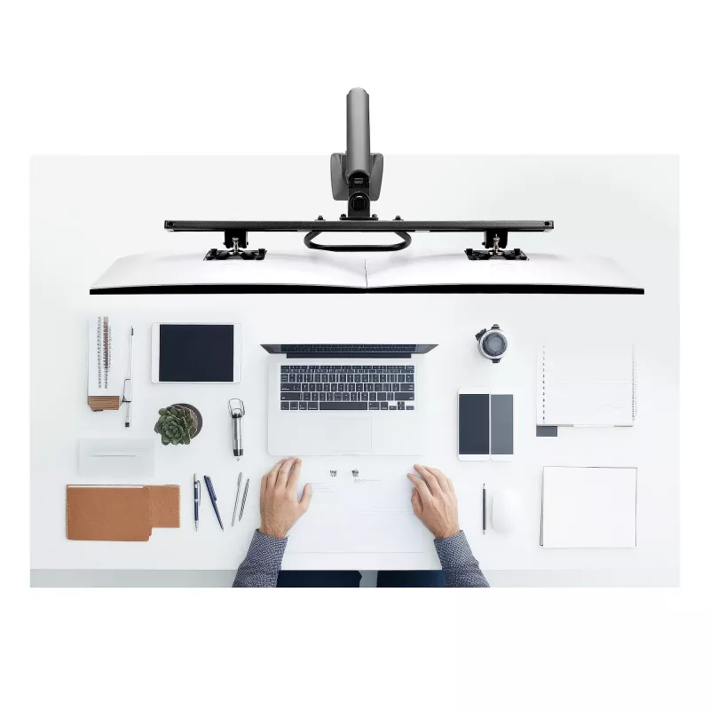 StarTech.com Schreibtischhalterung Dual-Monitorarm mit Querstange, bis zu 27-Zoll-Displays, VESA 75x75/100x100, max. 33 lb/15 kg, C-Klemme, voll beweglich, mechanische Feder, TAA