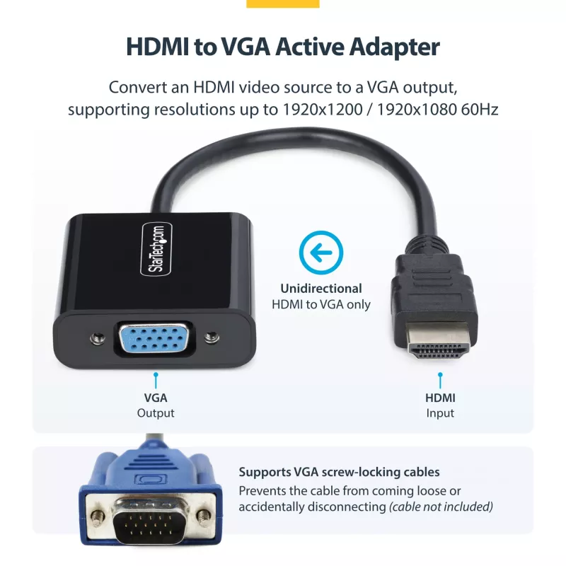 StarTech.com HDMI-auf-VGA-Adapter, Aktiver Videokonverter für Laptop/Desktop, 1920x1080 (1080p), HDMI-Quelle zu VGA-Monitor/Display/Projektor