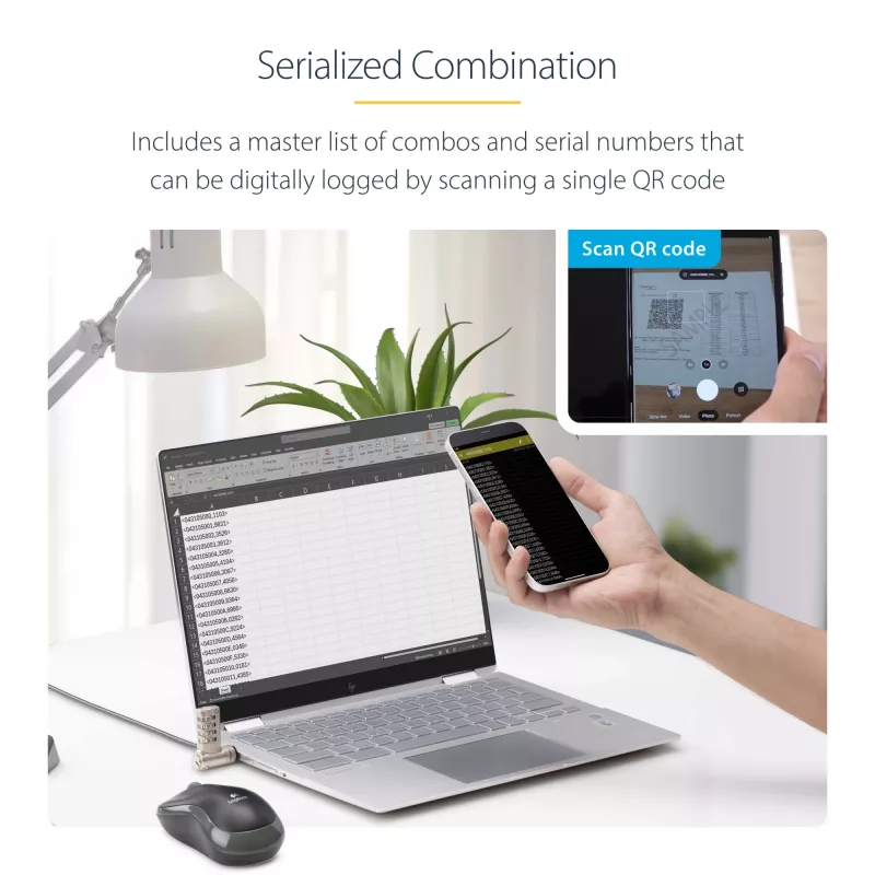 StarTech.com 25er-Pack Universal Laptop-Schloss 2 m, serialisiertes Sicherheitskabel für Notebook, kompatibel mit Noble Wedge®/Nano/K-Slot, schlüsselloses Zahlenschloss-Kabel – TAA