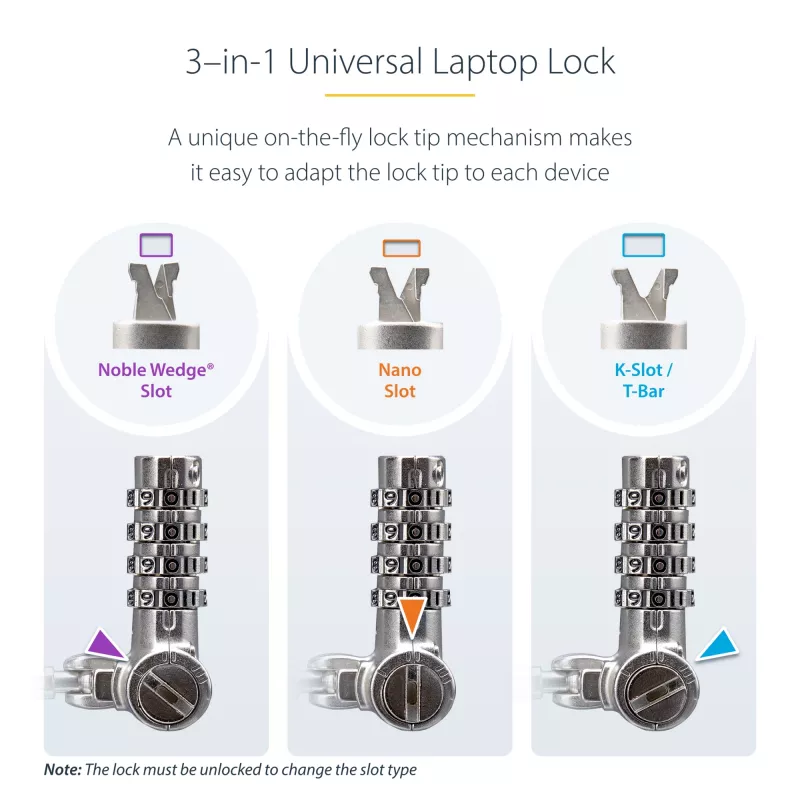StarTech.com 25er-Pack Universal Laptop-Schloss 2 m, serialisiertes Sicherheitskabel für Notebook, kompatibel mit Noble Wedge®/Nano/K-Slot, schlüsselloses Zahlenschloss-Kabel – TAA