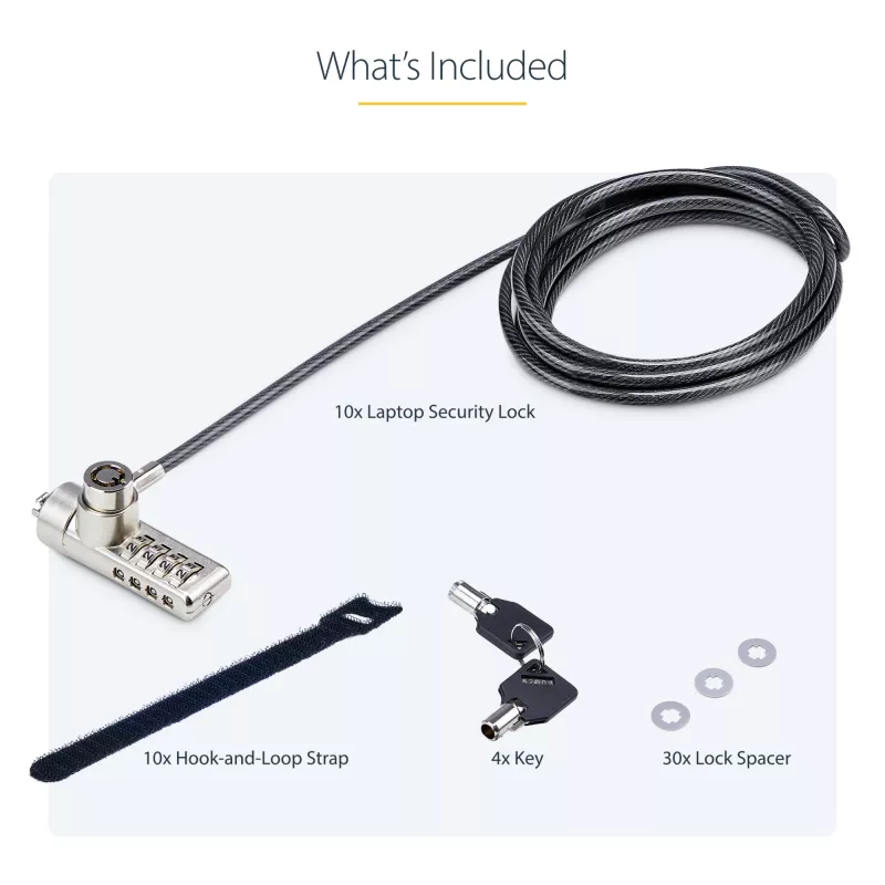 StarTech.com 10-Pack Dual-Access Laptop-Schloss, 1,98 m gleichschließend und Zahlenkombination Sicherheitskabelschloss für K-Slot-Geräte, Computer-Diebstahlschutz Stahlkabel