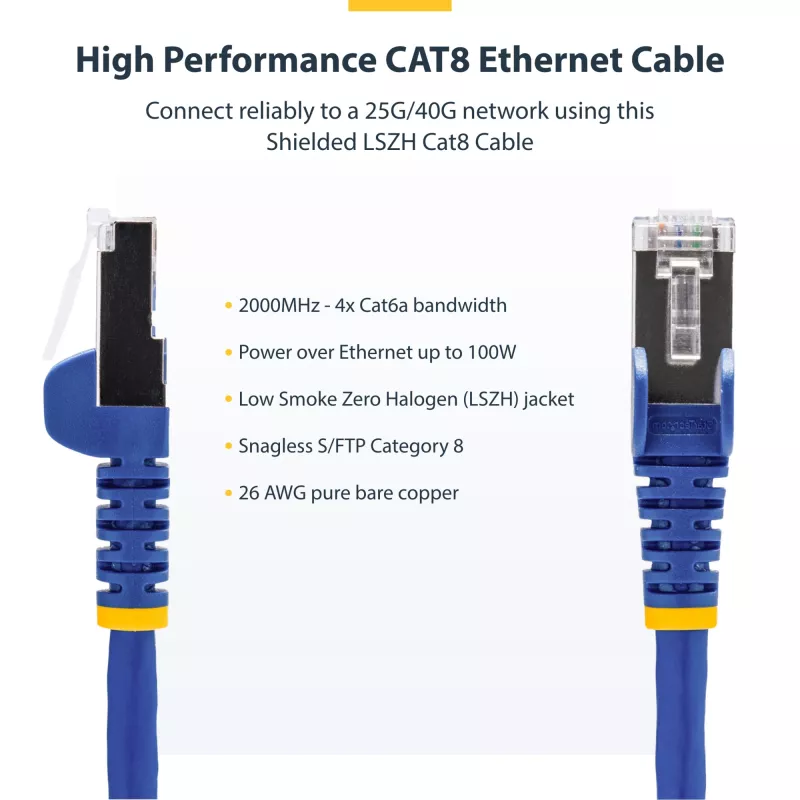 StarTech.com 3 m blaues CAT8 Ethernet-Kabel, rastnasenfreier RJ45, 25G/40G, 2000 MHz, 100 W PoE++, S/FTP, 26 AWG reine blanke Kupferader, LSZH, geschirmtes Netzwerk-Patchkabel mit Zugentlastung, einzeln geprüft