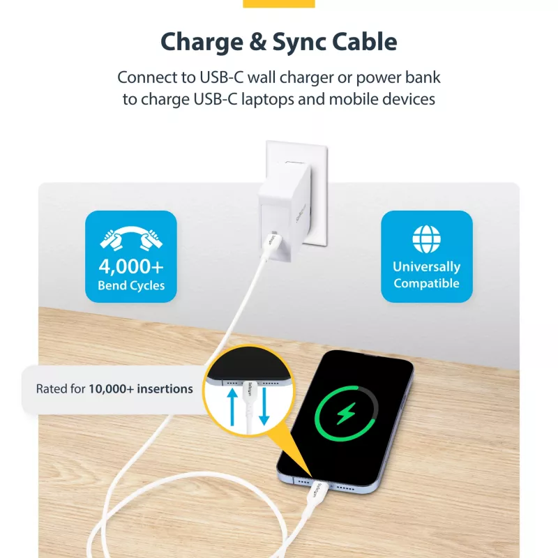 StarTech.com 3m (9.8ft) Weißes USB-C-Ladekabel, USB-C-Kabel, USB 2.0 Type-C Laptop-Ladekabel, 60W 3A Power Delivery, TPE-Mantel, USB-C-Datenübertragungskabel, M/M