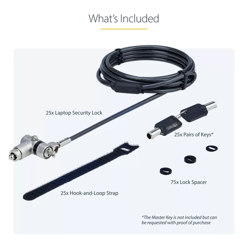 StarTech.com 25-Pack Universal Laptop Lock 6.6ft (2m), Master Keyed Locking Kabel, Computer Security, Kompatibel w/Noble Wedge®/Nano/K-Slot; Anti-Theft Cut-Resistant Kabel