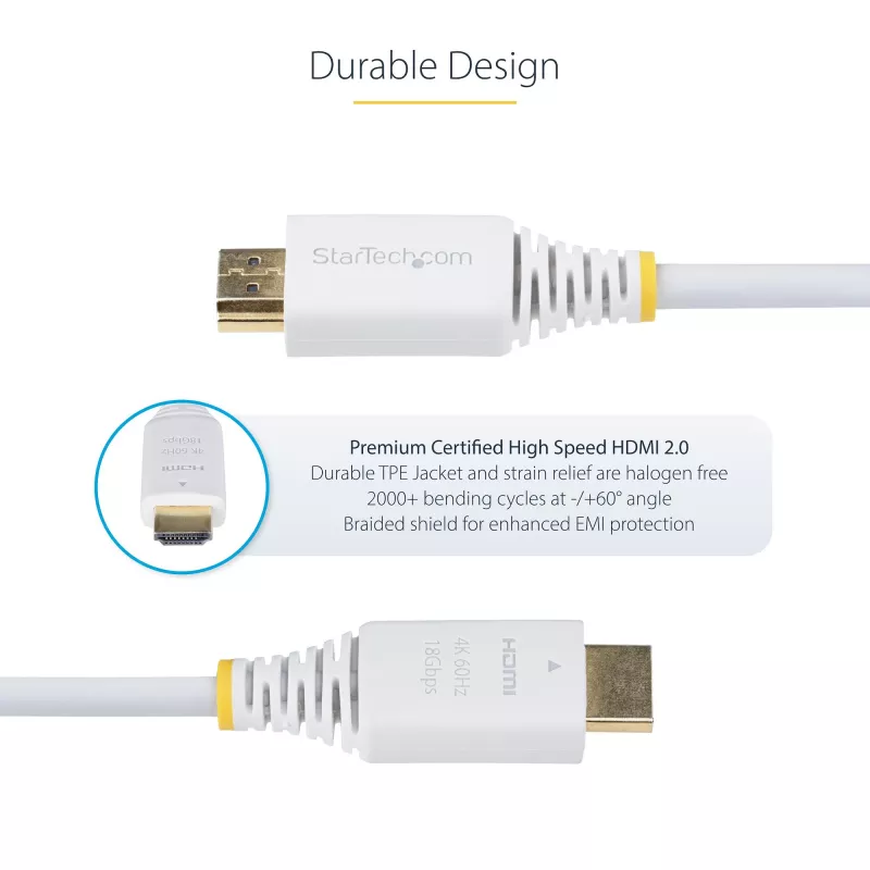 StarTech.com 10ft (3m) Premium Certified High Speed HDMI Kabel, 4K 60Hz/1440p 144Hz, HDR10/HDCP 2.2/ARC, 18Gbps, UHD HDMI 2.0 Cord for TV/Monitor/Display, TPE Jacket, White