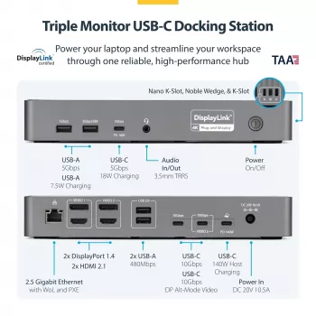 StarTech.com Triple-Monitor USB-C Dockingstation, 140W Laptop-Ladestation für MacBook Pro und Windows, 4K 60Hz HDMI oder DisplayPort, TAA