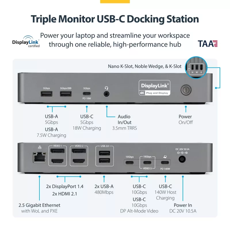StarTech.com Triple-Monitor USB-C Dockingstation, 140W Laptop-Ladestation für MacBook Pro und Windows, 4K 60Hz HDMI oder DisplayPort, TAA