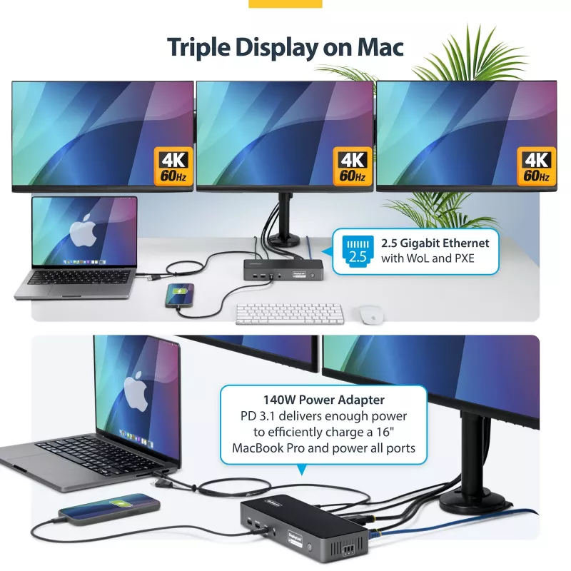 StarTech.com Triple-Monitor USB-C Dockingstation, 140W Laptop-Ladestation für MacBook Pro und Windows, 4K 60Hz HDMI oder DisplayPort, TAA
