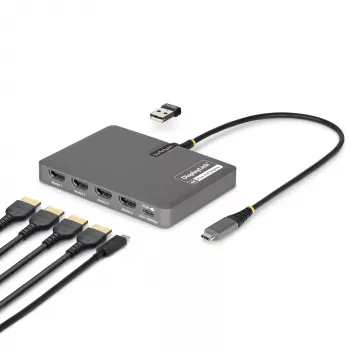 StarTech.com USB-C auf Quad-Monitor Workstation-Adapter, 4K 60Hz HDMI, 140W PD Passthrough für Laptop-Ladung, USB-Anschluss für kabellose Tastatur / Maus, TAA