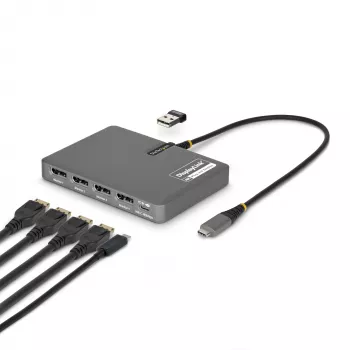 StarTech.com USB-C auf Quad-Monitor Workstation Adapter, 4K 60Hz DisplayPort, 140W PD Passthrough für Laptop-Ladung, USB-Anschluss für kabellose Tastatur / Maus, TAA