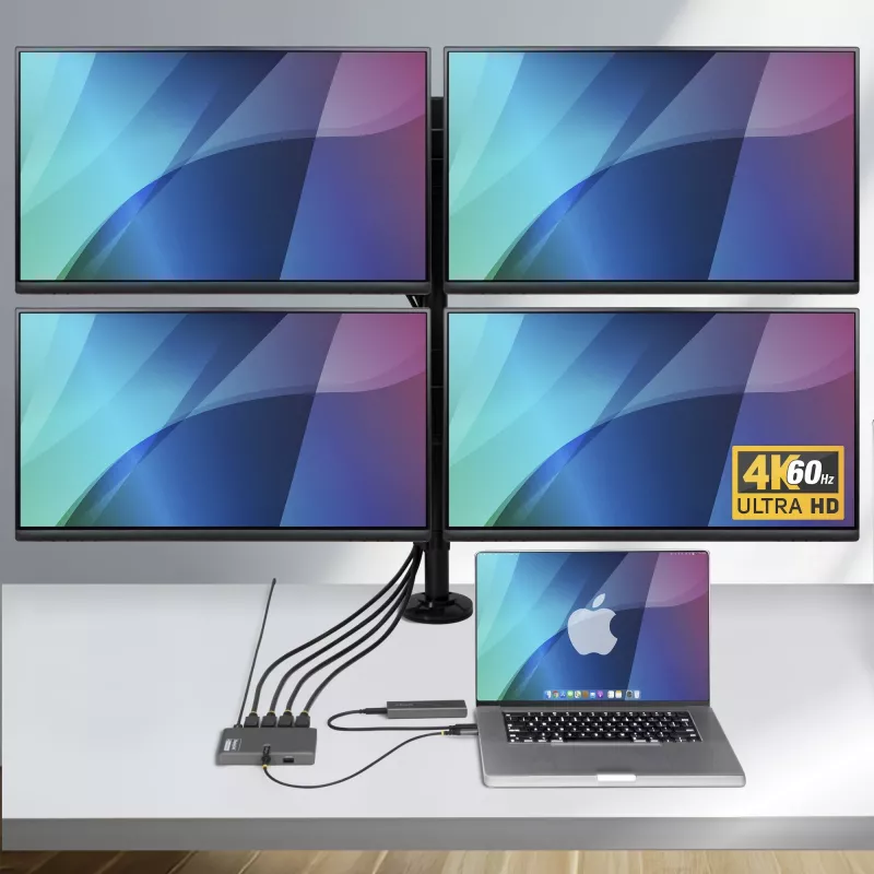 StarTech.com USB-C auf Quad-Monitor Workstation Adapter, 4K 60Hz DisplayPort, 140W PD Passthrough für Laptop-Ladung, USB-Anschluss für kabellose Tastatur / Maus, TAA