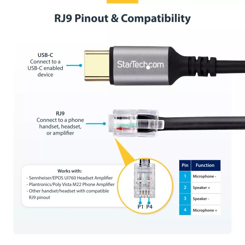 StarTech.com UR9-HEADSET-ADAPTER Kabel-Adapter USB-C RJ-9 Schwarz