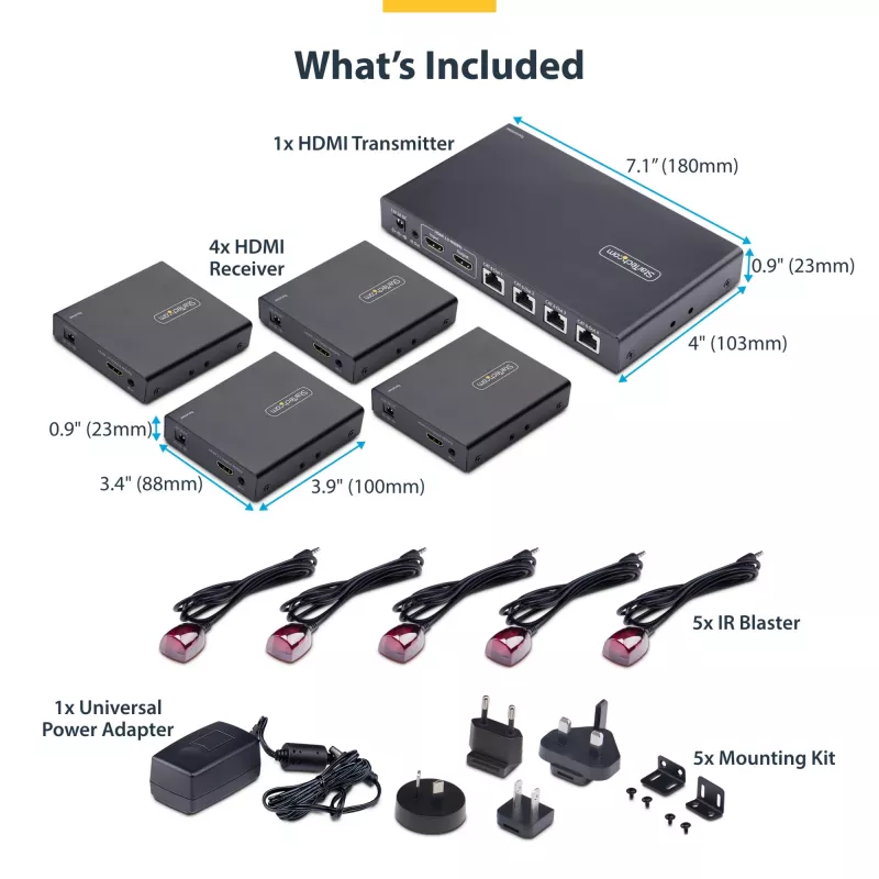 StarTech.com 4-Port HDMI Extender und Splitter über CAT6, 4K 60Hz, bis zu 70 m (230 ft), 1x4 HDMI over Ethernet Verteiler-Kit mit IR und Power over Kabel