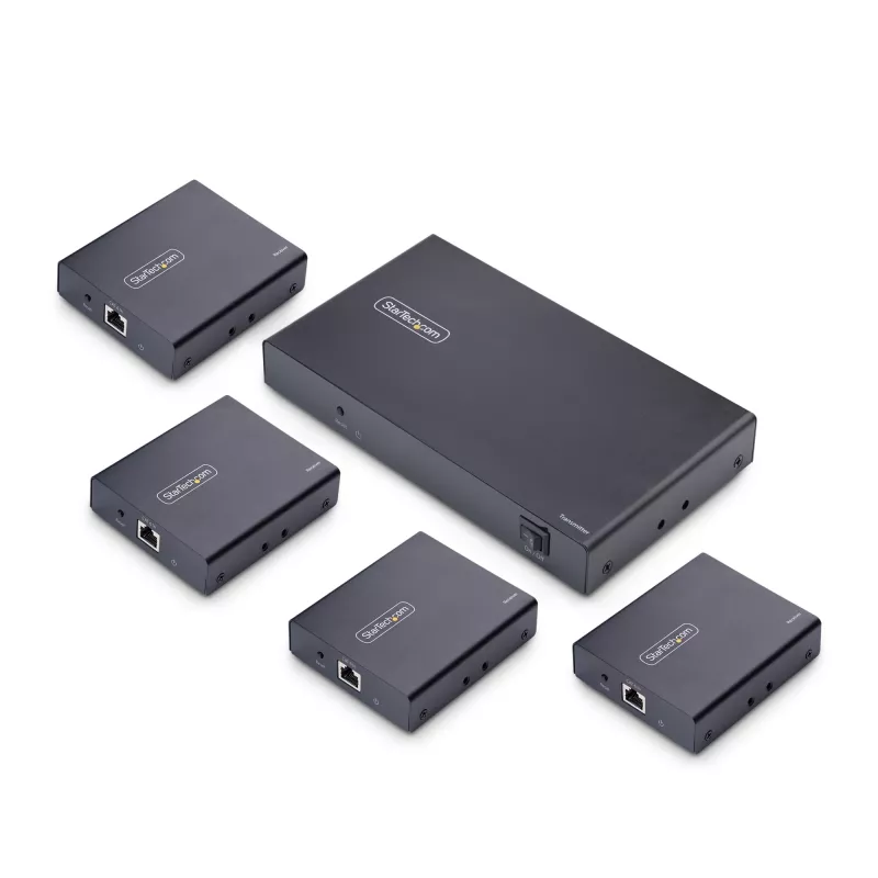 StarTech.com 4-Port HDMI Extender und Splitter über CAT6, 4K 60Hz, bis zu 70 m (230 ft), 1x4 HDMI over Ethernet Verteiler-Kit mit IR und Power over Kabel