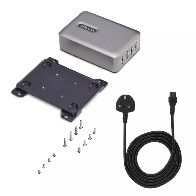 StarTech.com 4-Port Multi-Device USB-C Ladegerät, 240W gesamt, Einzelport 140W EPR, PD 3.1, Schraubsicherungsports, Konferenzräume, Halterung inkl. für Oberflächenmontage