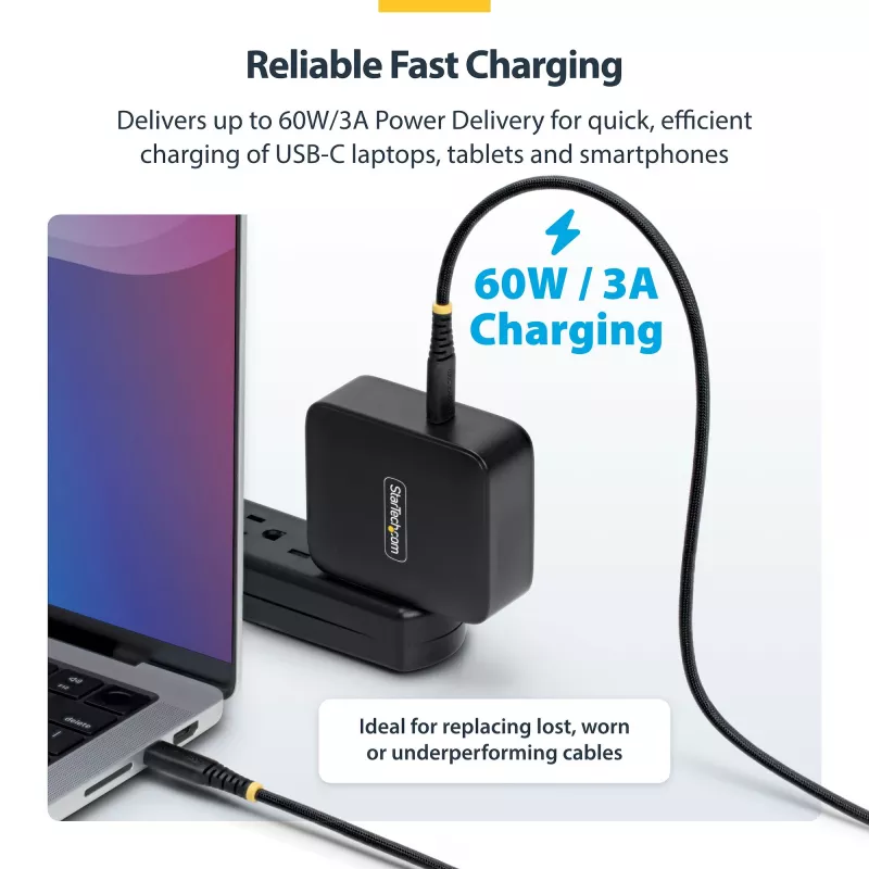 StarTech.com 1m (3ft) USB-C-Ladekabel, 60W (3A) PD, doppellagiger geflochtener Nylon/TPE-Mantel, robustes USB-C-Ladekabel, USB 2.0 Laptop-Ladegerätkabel