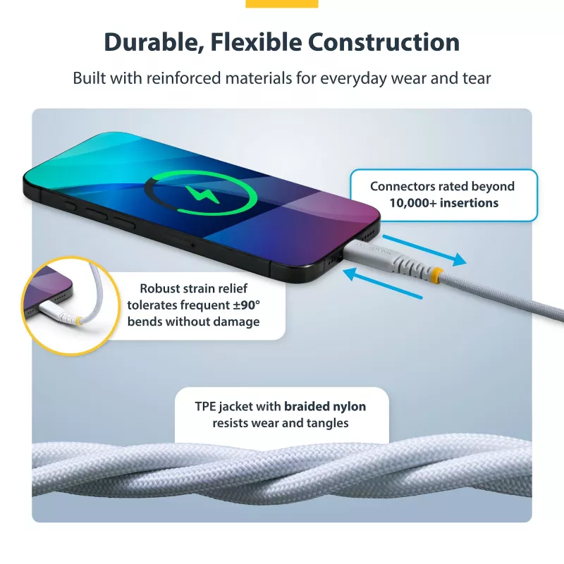 StarTech.com 1m (3ft) Weißes USB-C-Ladekabel, 60W (3A) PD, doppellagiges Nylon-/TPE-Geflecht, robustes USB-C-Ladekabel, USB 2.0 Laptop-Ladekabel
