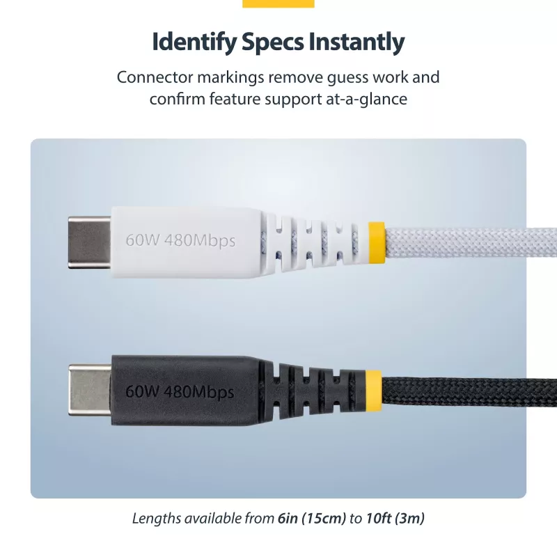 StarTech.com 1m (3ft) Weißes USB-C-Ladekabel, 60W (3A) PD, doppellagiges Nylon-/TPE-Geflecht, robustes USB-C-Ladekabel, USB 2.0 Laptop-Ladekabel