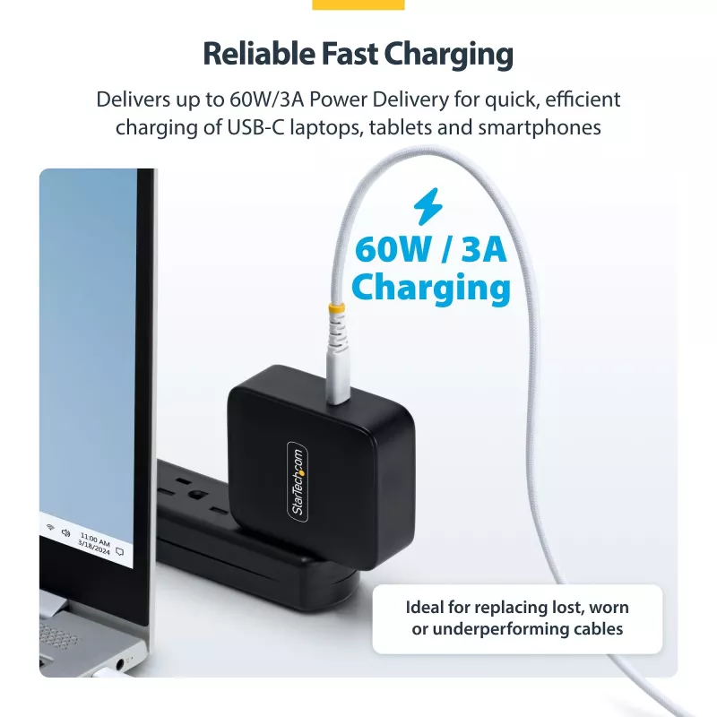 StarTech.com 3m (10ft) Weißes USB-C-Ladekabel, 60W (3A) PD, zweilagiger geflochtener Nylon-/TPE-Mantel, robustes USB-C-Ladekabel, USB 2.0 Laptop-Ladekabel