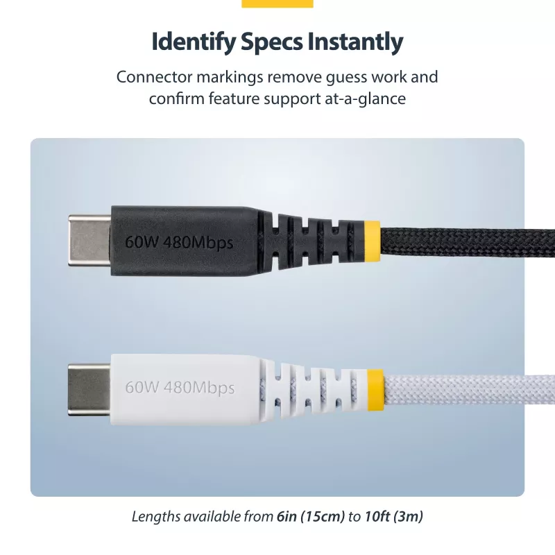 StarTech.com 30cm (1ft) USB-C-Ladekabel, 60W (3A) PD, doppellagig umflochtenes Nylon/TPE-Mantel, robustes USB-C-Ladekabel, USB 2.0 Laptop-Ladekabel