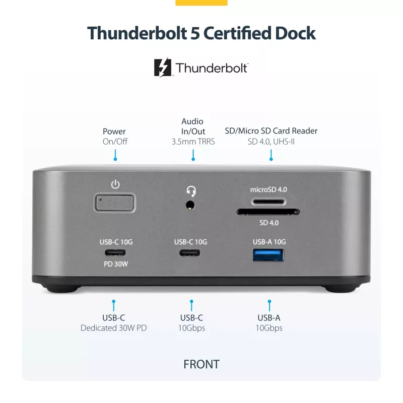 StarTech.com Thunderbolt 5 Dockingstation, DP/HDMI, Triple-Monitor-Dock bis 4K 144 Hz oder Dual 8K 60 Hz, 5x USB-Ports, 140 W Laptop-Ladung