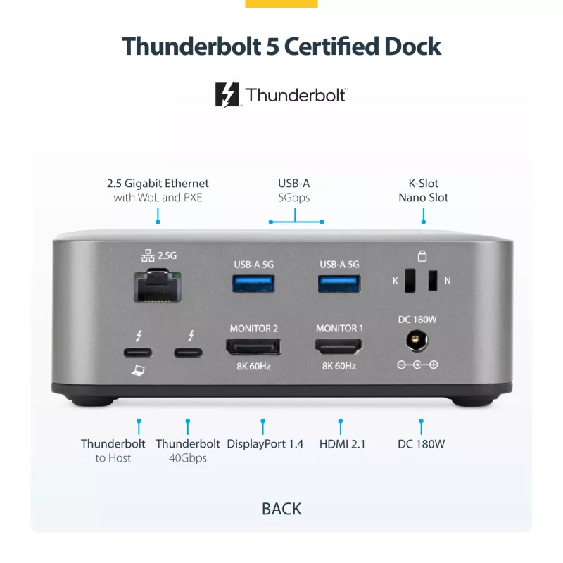 StarTech.com Thunderbolt 5 Dockingstation, DP/HDMI, Triple-Monitor-Dock bis 4K 144 Hz oder Dual 8K 60 Hz, 5x USB-Ports, 140 W Laptop-Ladung