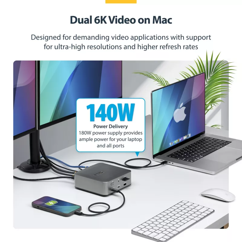 StarTech.com Thunderbolt 5 Dockingstation, DP/HDMI, Triple-Monitor-Dock bis 4K 144 Hz oder Dual 8K 60 Hz, 5x USB-Ports, 140 W Laptop-Ladung