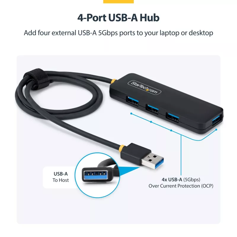 StarTech.com 4-Port USB-A Hub, 5 Gbit/s, Bus-Betrieb, USB-A auf 4x USB-A Mini Hub, extra langes 61 cm Host-Kabel, PCR-Kunststoff, tragbares Desktop-/Laptop-USB-Hub