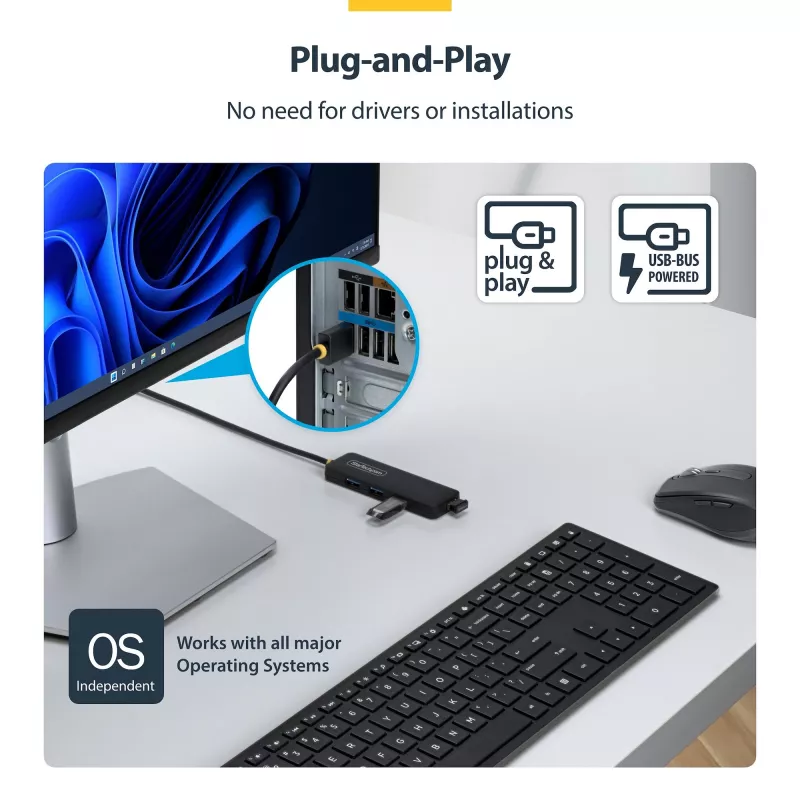 StarTech.com 4-Port USB-A Hub, 5 Gbit/s, Bus-Betrieb, USB-A auf 4x USB-A Mini Hub, extra langes 61 cm Host-Kabel, PCR-Kunststoff, tragbares Desktop-/Laptop-USB-Hub