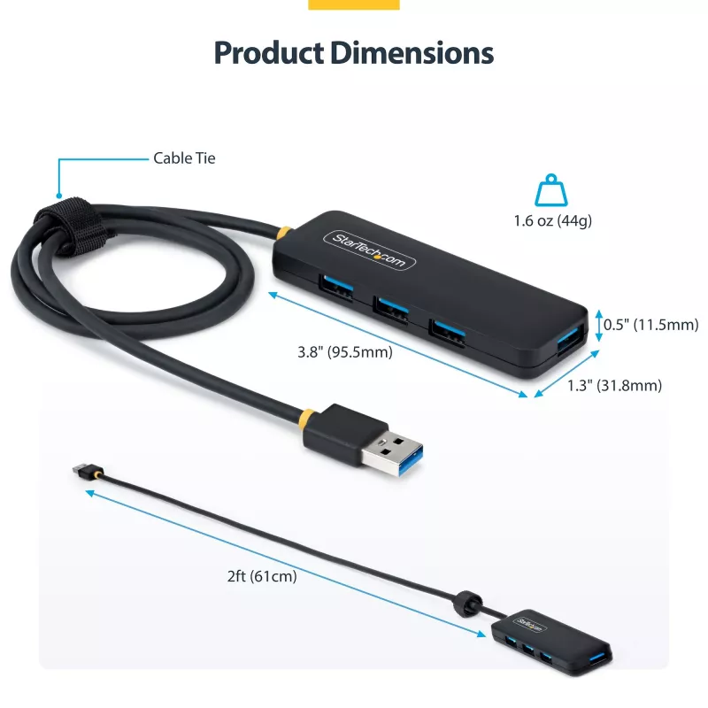StarTech.com 4-Port USB-A Hub, 5 Gbit/s, Bus-Betrieb, USB-A auf 4x USB-A Mini Hub, extra langes 61 cm Host-Kabel, PCR-Kunststoff, tragbares Desktop-/Laptop-USB-Hub